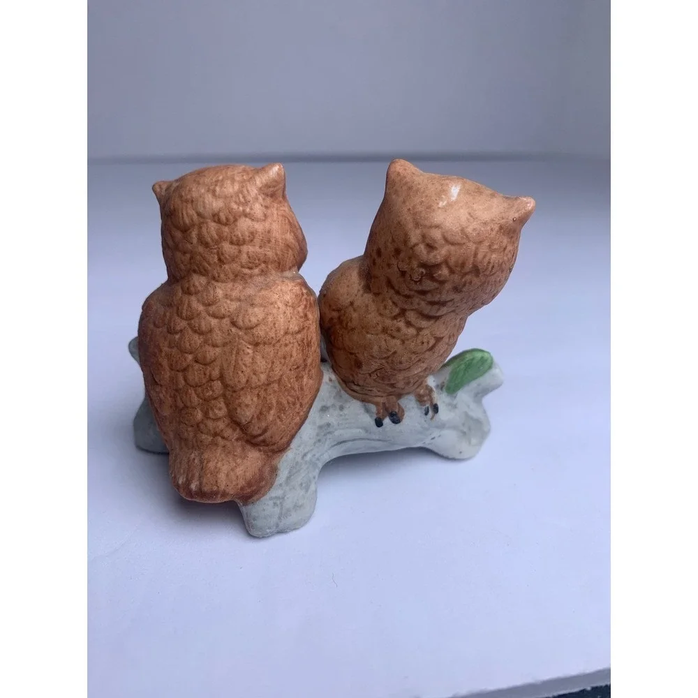 Vintage Ceramic Owl Figurine Pair on Branch Brown Bird Decor Hand Painted‎